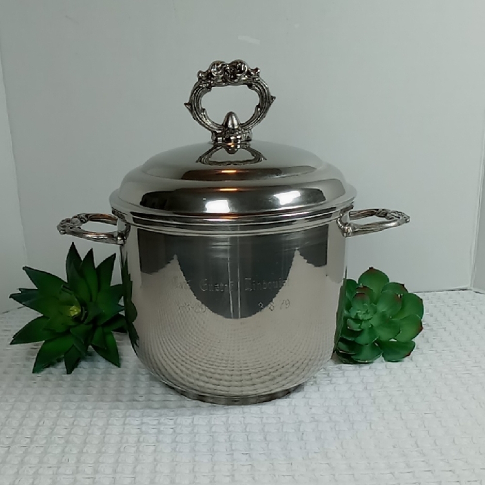 Vintage English Silver Leonard Silver Co Engraved Ice Bucket w/Milk Glass Liner